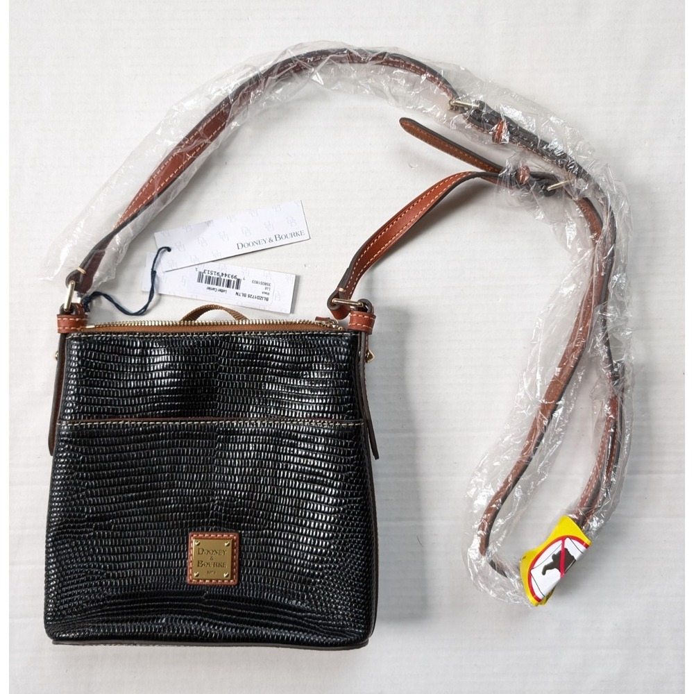 Dooney & Bourke Lizard Embossed Letter Carrier Crossbody Black Leather Bag NWT